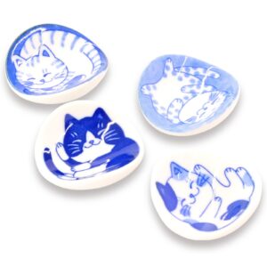mino ware chopstick rest set, kawaii cute cats design, japanese ceramic ware, set of 4