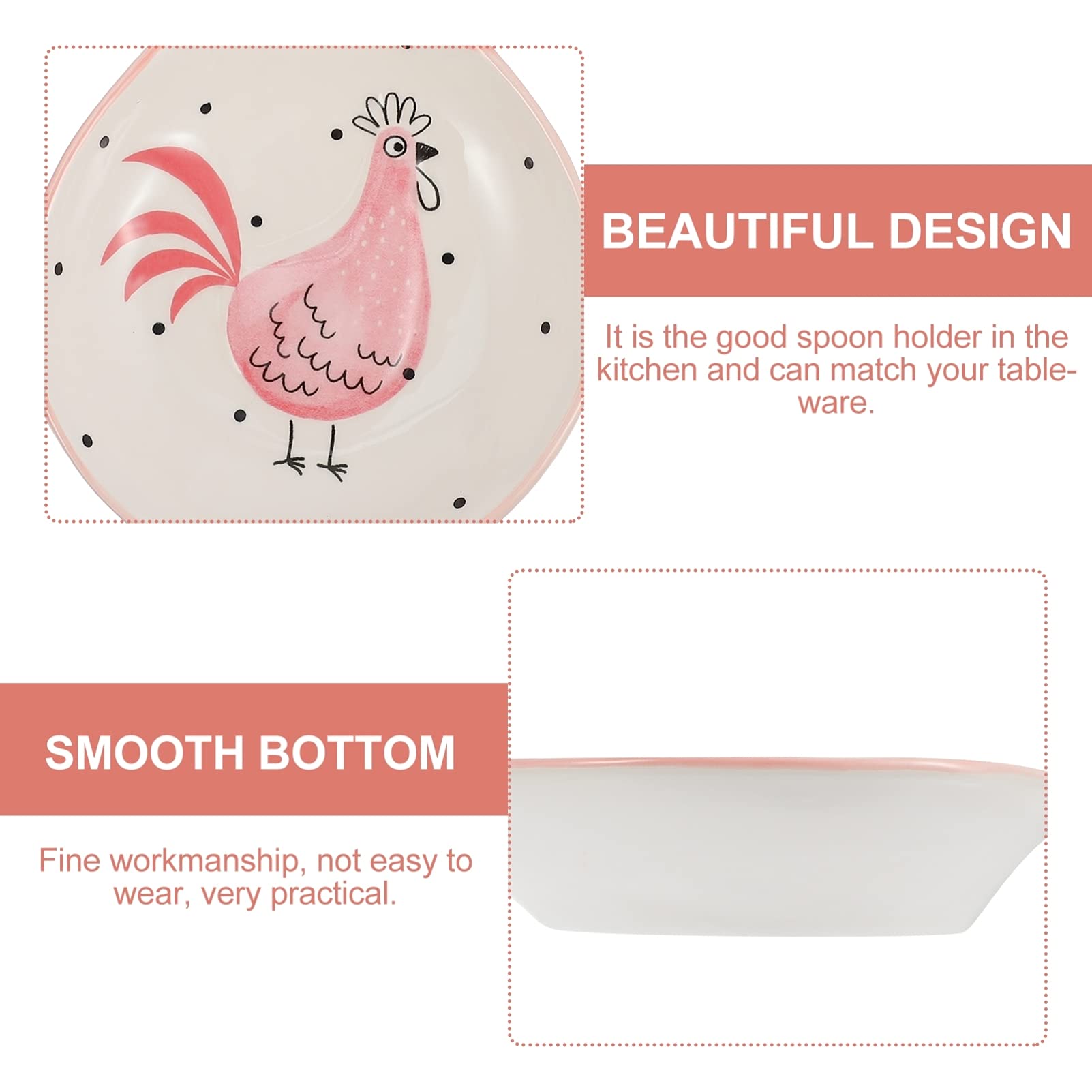 Ceramic Spoon Rest with Chicken Pattern Decorative Kitchen Spoon Holder Cooking Utensils Rest Stand Spatula Holder for Kitchen Stoves Countertops Pink