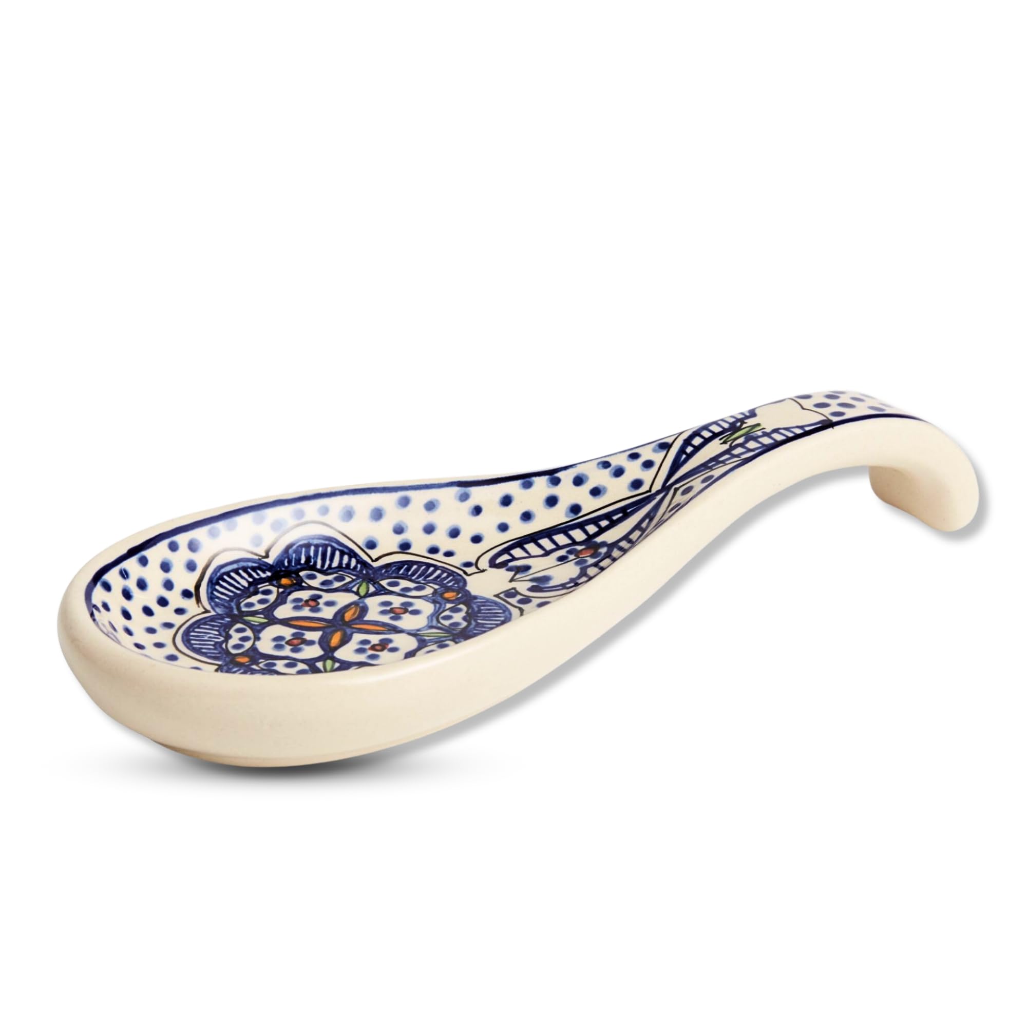 Handcrafted Tunis Blue & White Spoon Rest for Kitchen Counter - Ceramic Spoon Holder for Stove - Cute Spoon Rest & Cooking Spoon Holder - Versatile Utensil Rest to Prevent Countertop Messes