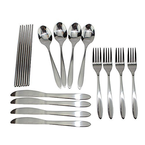 KEKLLE Set of 4 / 4 Piece Stainless Steel(Knife, Fork, Spoon, Chopsticks)Lightweight Portable Tableware,Camping/Travel/Office Lunch Cutlery Set with Carrying Cases