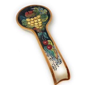 ceramiche d'arte parrini - italian ceramic spoon rest holder decorated grape background black pottery art hand painted made in italy tuscan