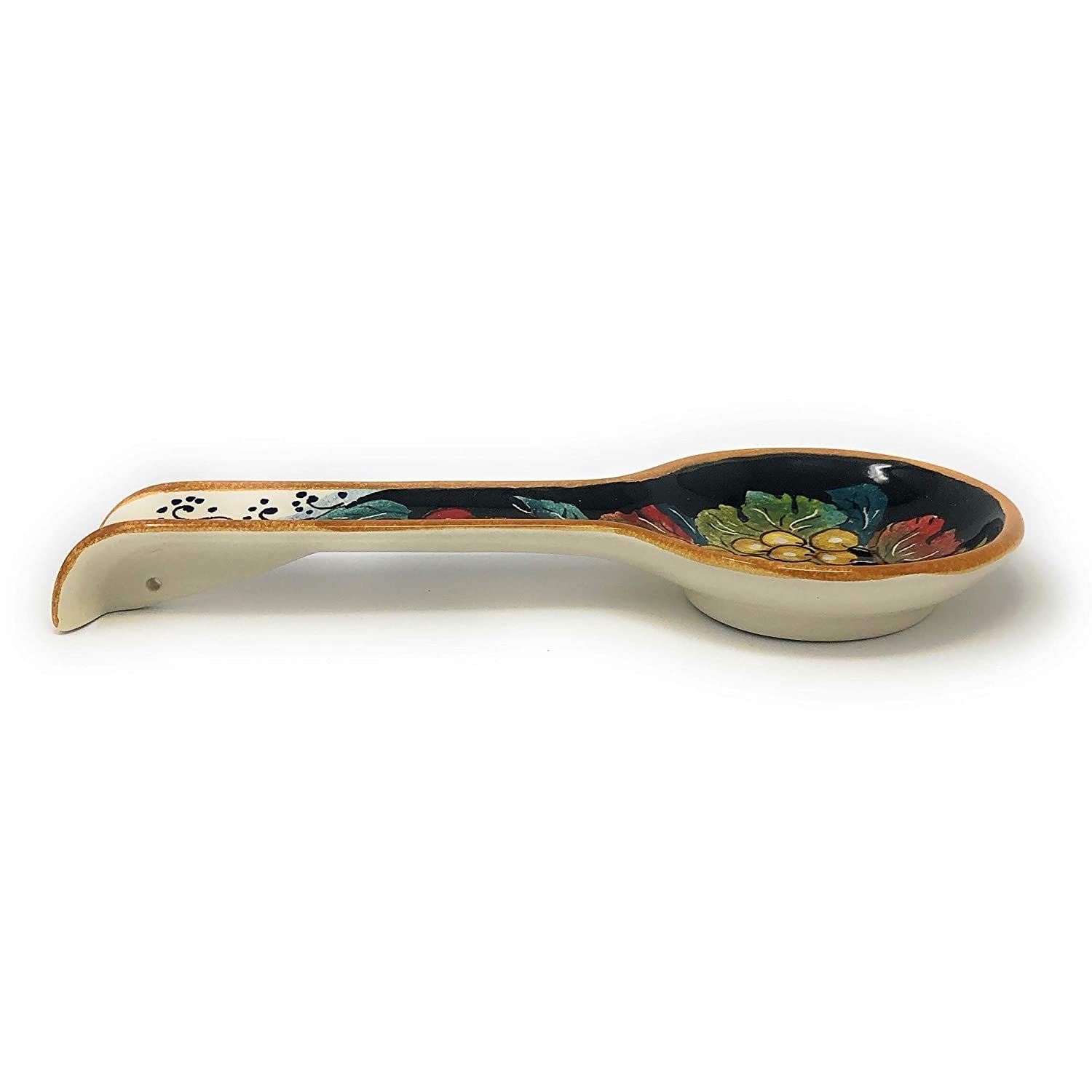 CERAMICHE D'ARTE PARRINI - Italian Ceramic Spoon Rest Holder Decorated Grape Background Black Pottery Art Hand Painted Made in ITALY Tuscan