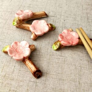 LARATH 6 Pieces Ceramic Chopsticks Rest Rack Cherry Blossom Chopsticks Holder Rest Dinner Spoon Stand for Dinner Fork Knife Tableware Writing Paint Brush, Pink