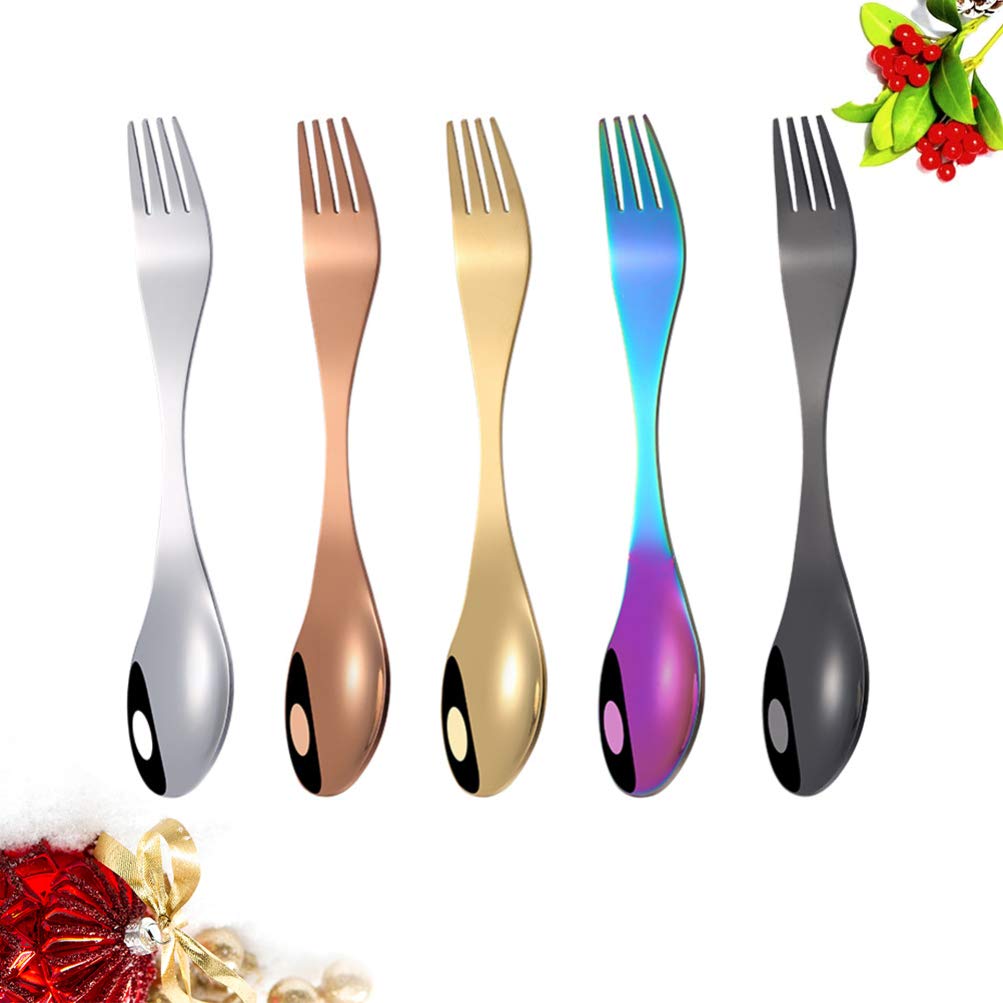 DOITOOL 5pcs Reusable Sporks Cutlery 2 in 1 Spoon Metal Forks Spoon Fork Dinnerware Camping Spork Outdoor Activities Spoon Tableware Spoon Modern Spork Dual Purpose Set Travel