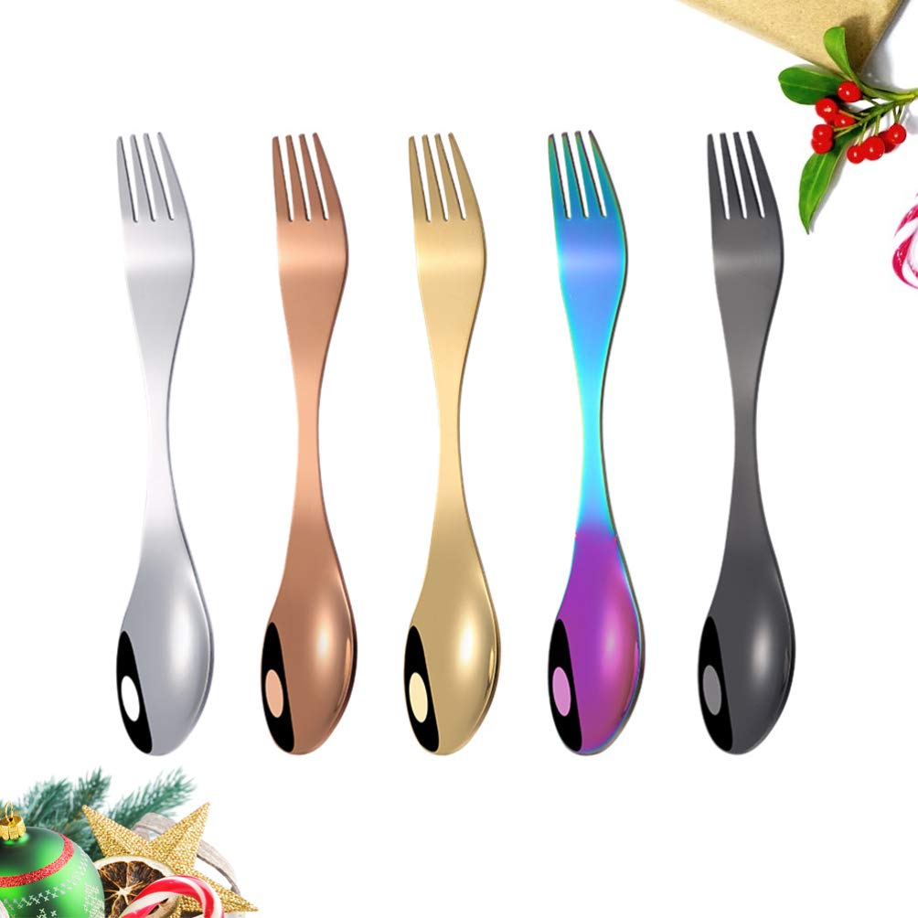 DOITOOL 5pcs Reusable Sporks Cutlery 2 in 1 Spoon Metal Forks Spoon Fork Dinnerware Camping Spork Outdoor Activities Spoon Tableware Spoon Modern Spork Dual Purpose Set Travel