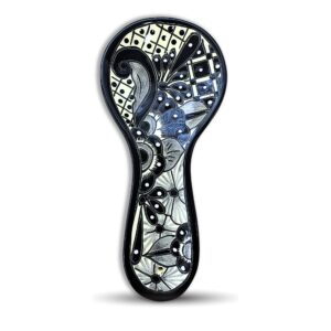 ceramic spoon rest - hand painted talavera - mexican style - black and white home decor - cuchara floral blanco/negro