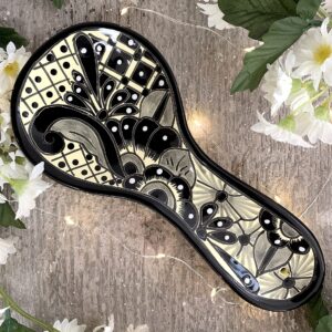 Ceramic Spoon Rest - Hand Painted Talavera - Mexican Style - Black and White Home Decor - Cuchara Floral Blanco/Negro