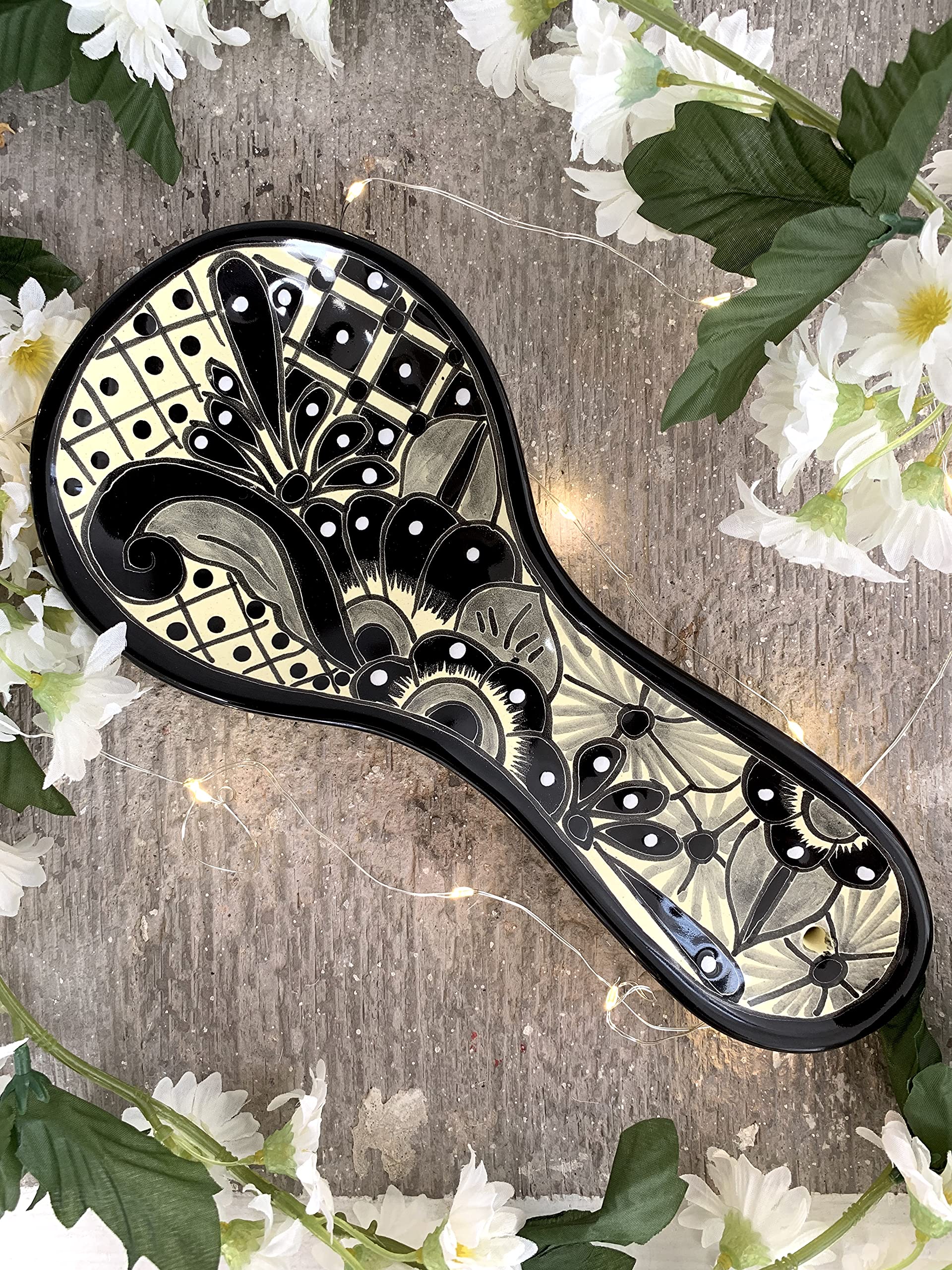 Ceramic Spoon Rest - Hand Painted Talavera - Mexican Style - Black and White Home Decor - Cuchara Floral Blanco/Negro