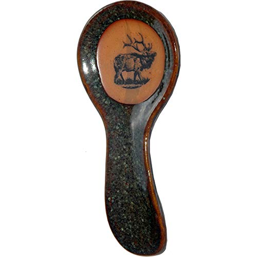 ALWAYS AZUL POTTERY 9.5 Inch Long Spoon Rest in Elk Design and Seamist glaze - Handmade Pottery Cookware Accessories - Kitchen Countertop Holder for Giant Spatula, Ladle & More