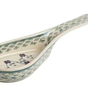 Polish Pottery Basketweave Green Floral Spoon Rest, 10.25”L x 3.5”W x 1.5”H