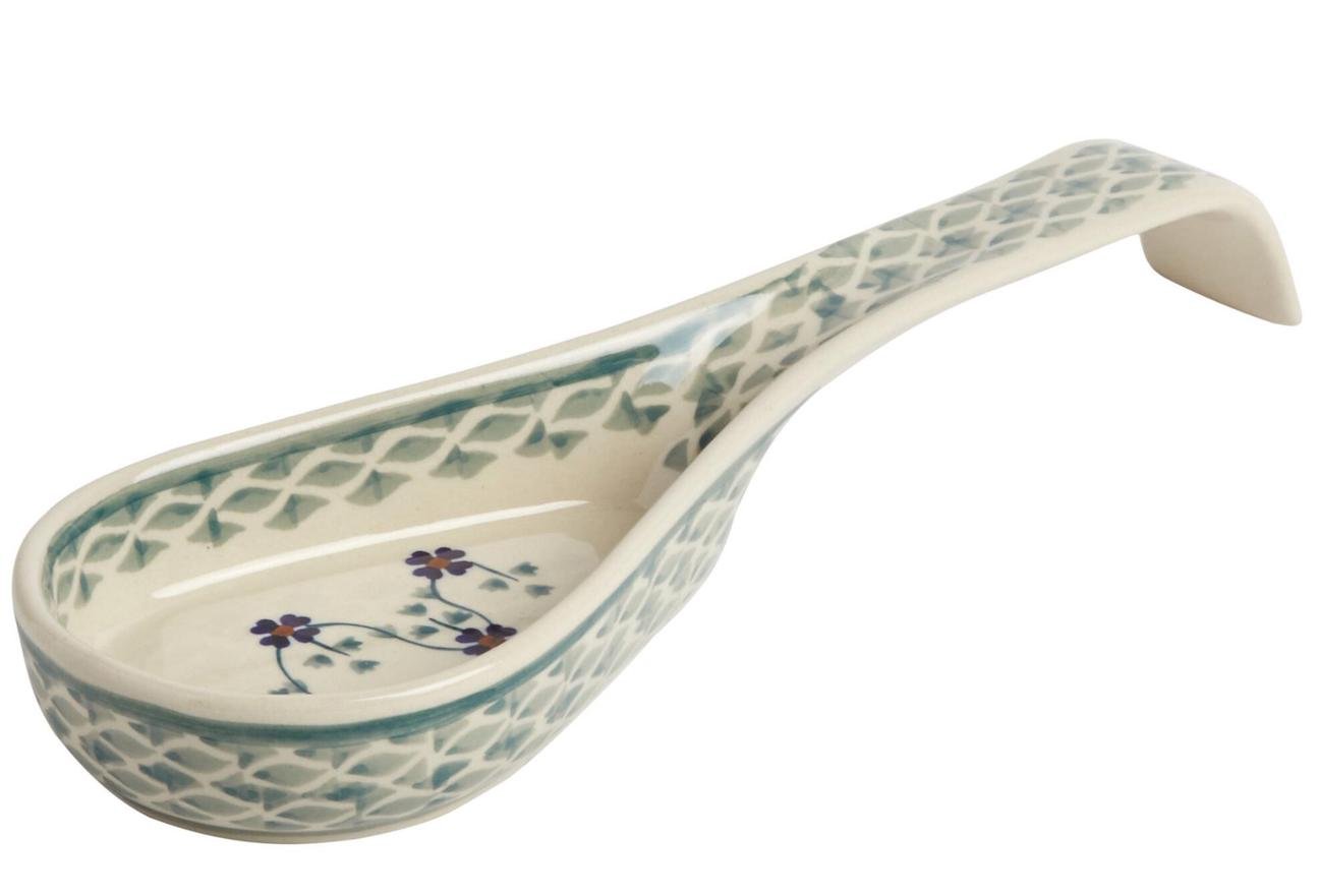 Polish Pottery Basketweave Green Floral Spoon Rest, 10.25”L x 3.5”W x 1.5”H