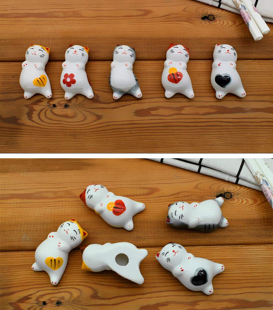 Cute Cat Ceramics Chopstick Rest Spoon Fork Knife Holder Rack Decorative Tableware Holder, 5pcs