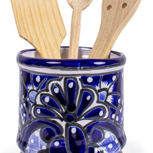 Genuine Mexican Kitchen Talavera Utensil Holder Hand Painted Pottery Ceramic for Kitchen Utensil Crock Spoon Rest Handmade in Mexico by Artisans (Blue)