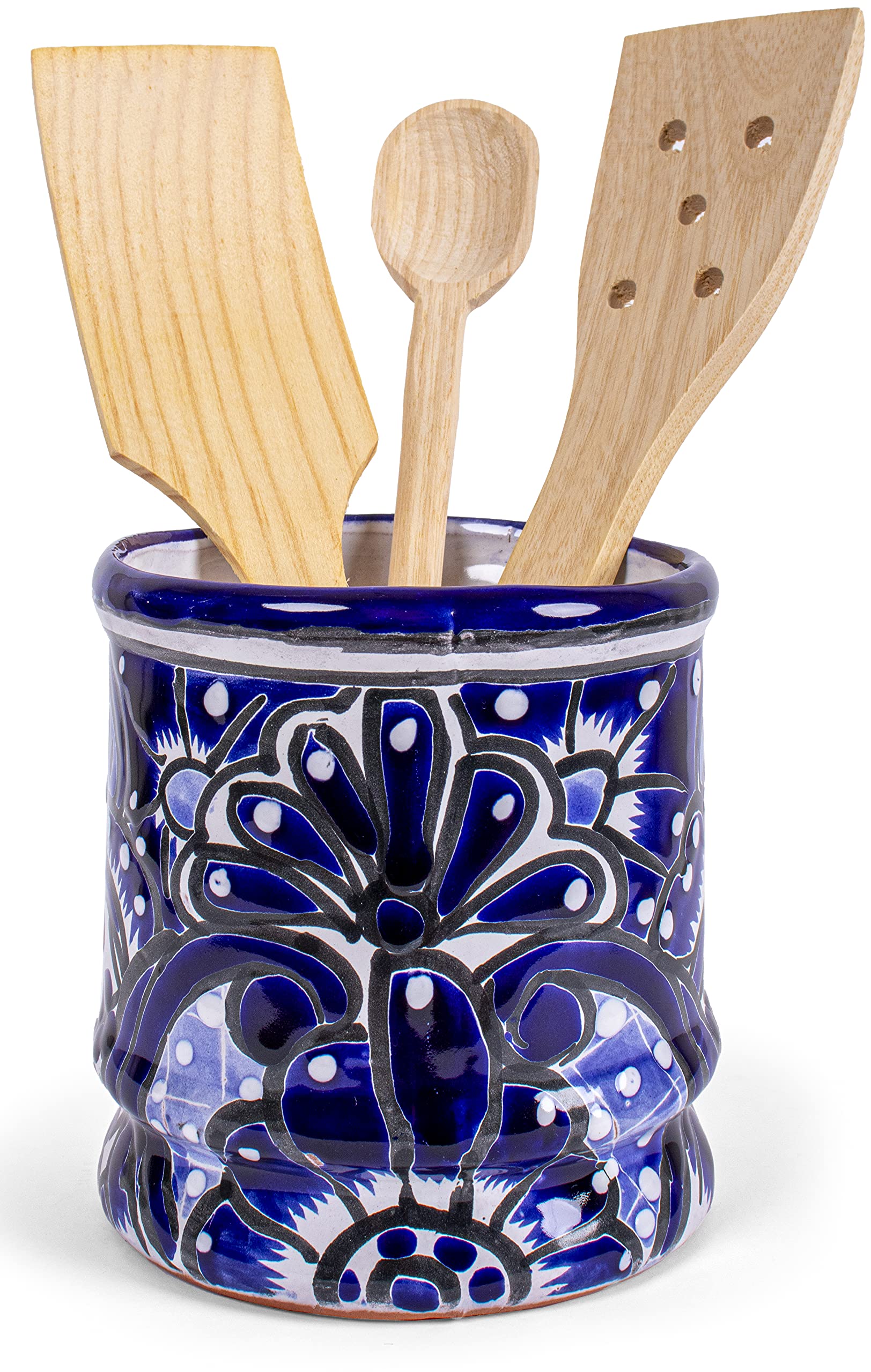 Genuine Mexican Kitchen Talavera Utensil Holder Hand Painted Pottery Ceramic for Kitchen Utensil Crock Spoon Rest Handmade in Mexico by Artisans (Blue)