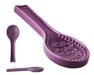 decorative, rustic spoon rest for kitchen countertop – modern farmhouse spoon holder for stove in lovely purple color, made w/chip-free ceramic – dishwasher safe utensil rest