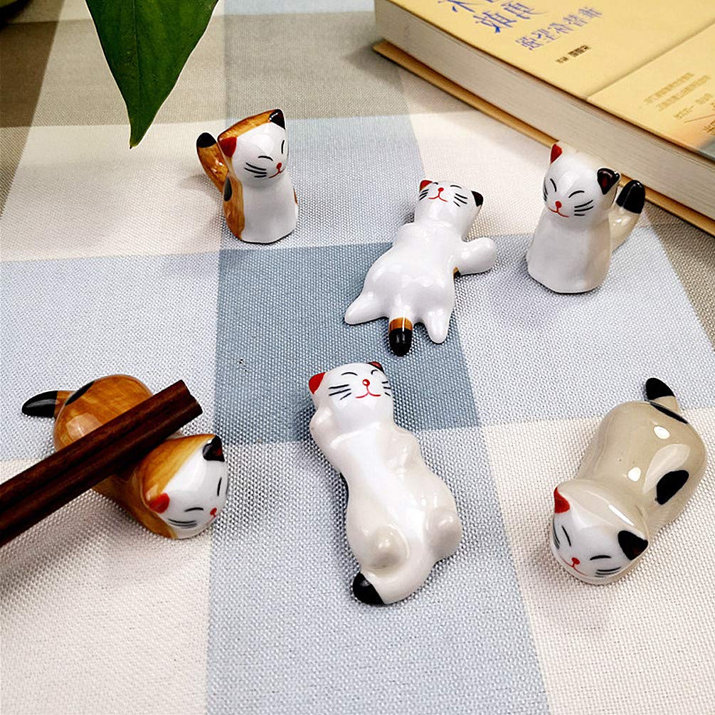 Pack of 6 Lovely Lucky Cat Porcelain Knife Rests Chopstick Rest set Ceramic Tableware Rest Set Ornament (Lucky Cat Set+Spoon)