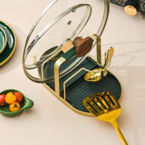 Spoon Rest Lid Holder Pan Pot Cover Stand Rack Shelf Cooking Soup Utensil Rests Organizer for Kitchen Stove Countertop Metal Golden Green