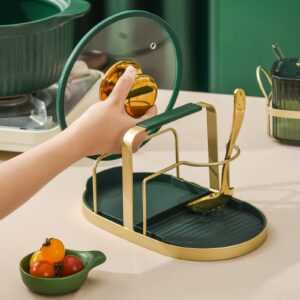 Spoon Rest Lid Holder Pan Pot Cover Stand Rack Shelf Cooking Soup Utensil Rests Organizer for Kitchen Stove Countertop Metal Golden Green