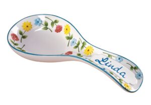 personalized dolomite floral spoon rest, 8” long by 3 1/4” wide, customizable cooking utensil rest for stovetop or kitchen counter, housewarming gift