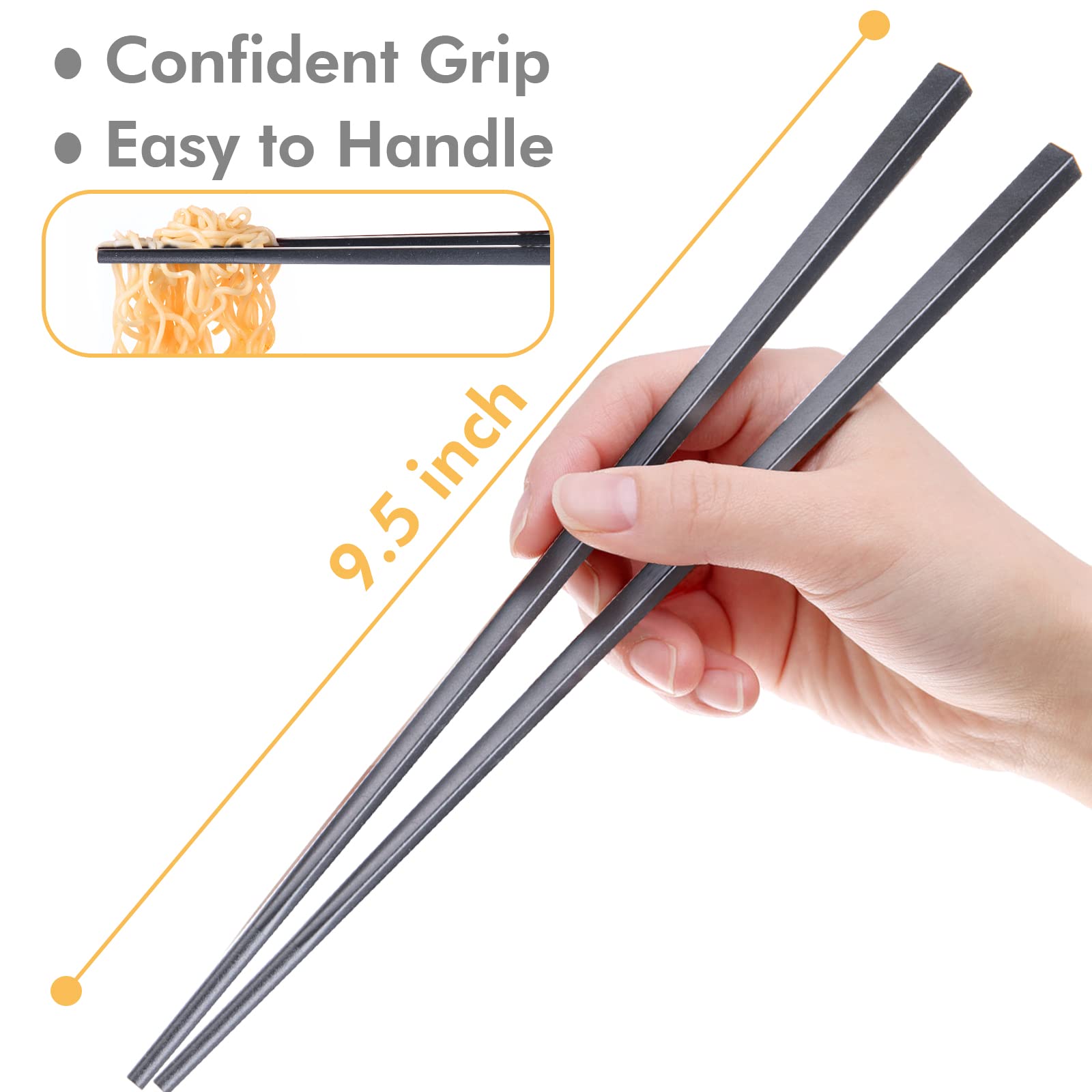 Chopsticks,LIANGKEN 5 Pairs Dishwasher Safe Fiberglass Chopsticks Set,9.5 Inch Reusable Japanese Chinese Chopsticks , Non-Slip, Easy to Use (colorful ) (9.5 inch, pure black)