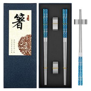fofayu metal chopsticks reusable 2 pairs titanium plated stainless steel chopsticks with holder, dishwasher safe non-slip japanese style chop sticks gift set (blue silver)