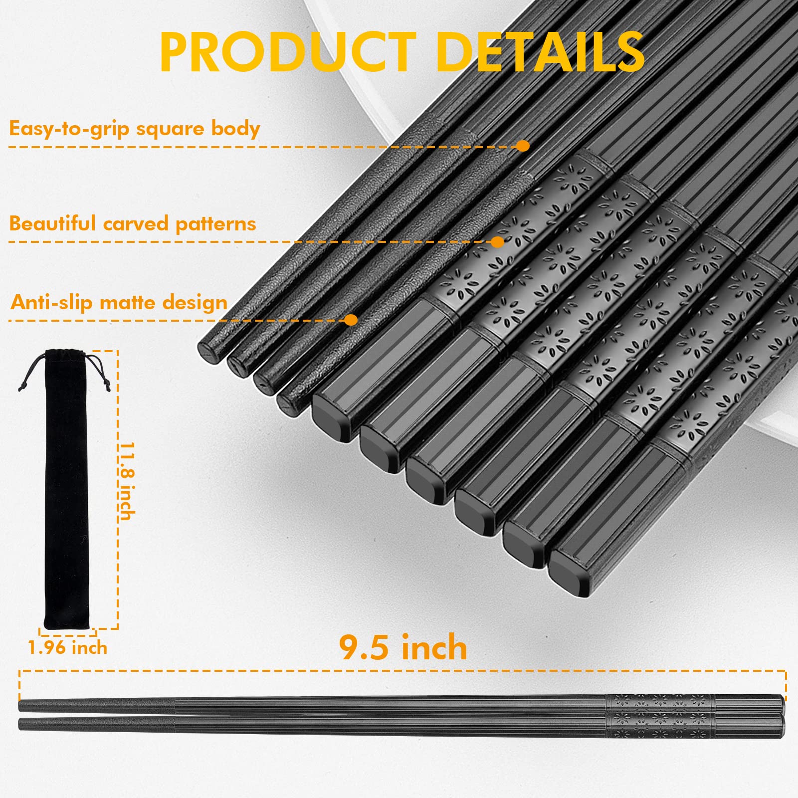 5 Pairs Reusable Chopsticks Dishwasher Safe,9.5 Inch Fiberglass Chopsticks Set, Japanese Chinese Korean Chopsticks for Food, Non-Slip, Easy to Use (Black Chopsticks)