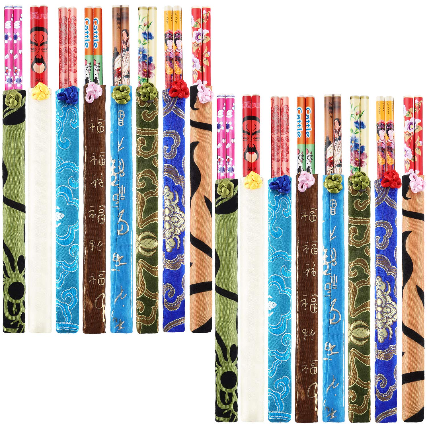 Hotop 20 Pairs Chinese Bamboo Chopsticks with Elegant Silk Brocade Pouch Multicolored for Chinese New Year and Valentine's Day