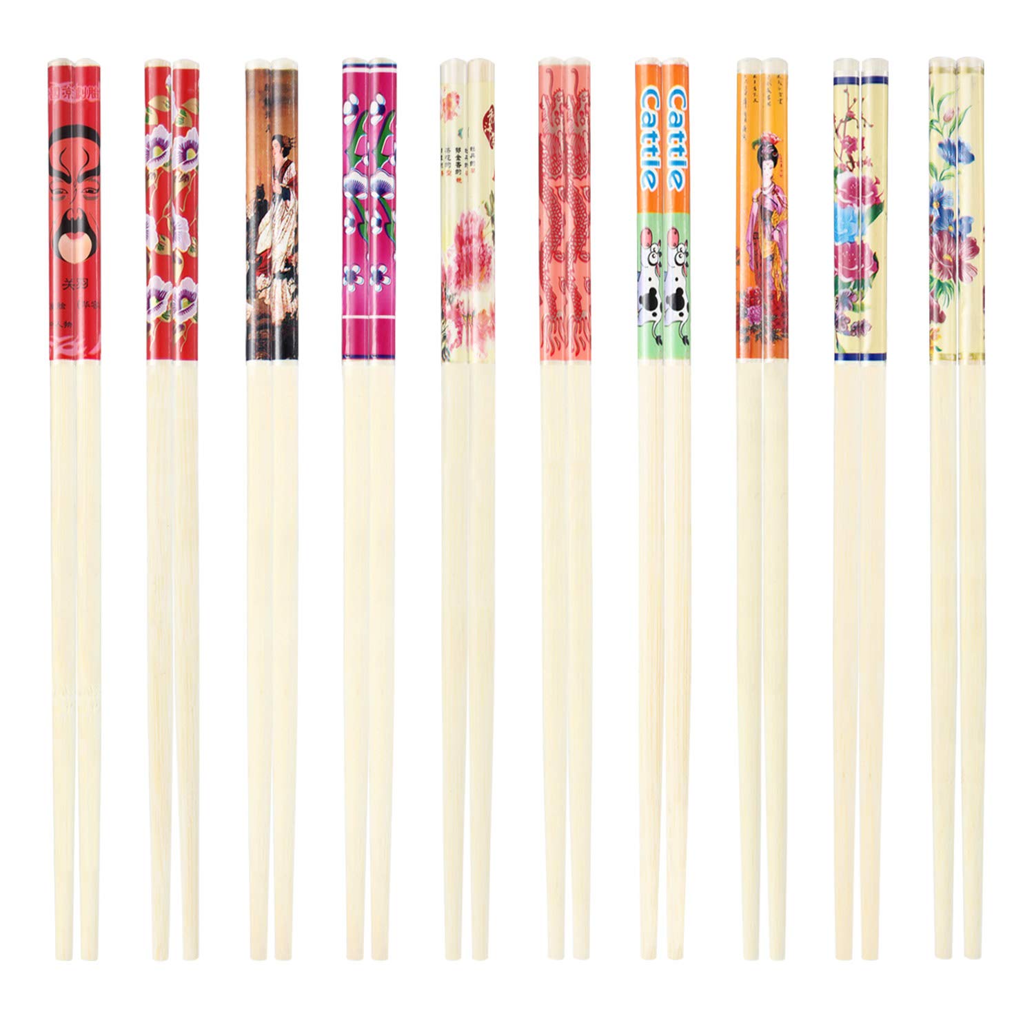 Hotop 20 Pairs Chinese Bamboo Chopsticks with Elegant Silk Brocade Pouch Multicolored for Chinese New Year and Valentine's Day