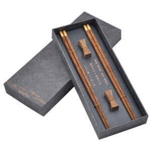 wooden chopsticks reusable with case, chinese chop sticks set with holder 2 pair (wenge)