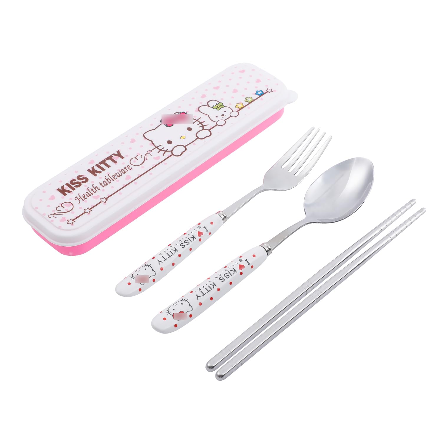 G-Ahora Kitty Portable Camp Reusable Flatware Kitty Cat Travel Utensils Case with Stainless Steel Fork Spoon Chopsticks(SCF-KT)