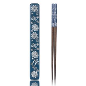 youda chopsticks reusable japanese natural wood chopsticks 1 pair with case, portable and dishwasher safe (blue)