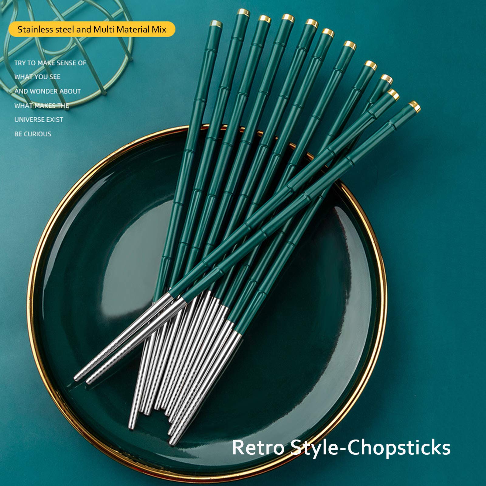 Chanjiso 5 Pairs Reusable Metal Chopsticks Dishwasher Safe,Japanese Korean Creative Chop Sticks Pack Chopstick, Non-Slip, 9.5 h Gift Set