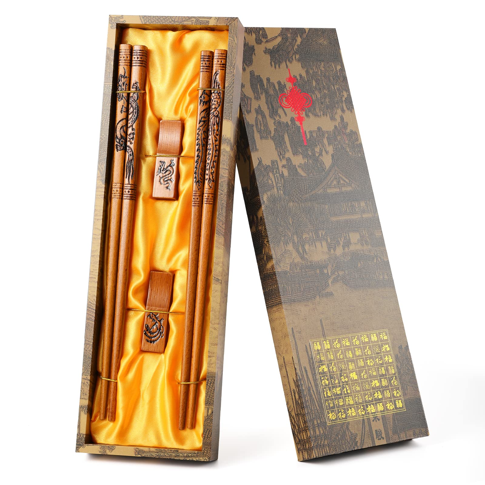 Chopsticks Reusable- Chinese Style Chopsticks, Dragon and Phoenix Chopsticks Set with Holder and Carrying Bag, Natural Wooden Chopstick Gift Set （2 Pairs)