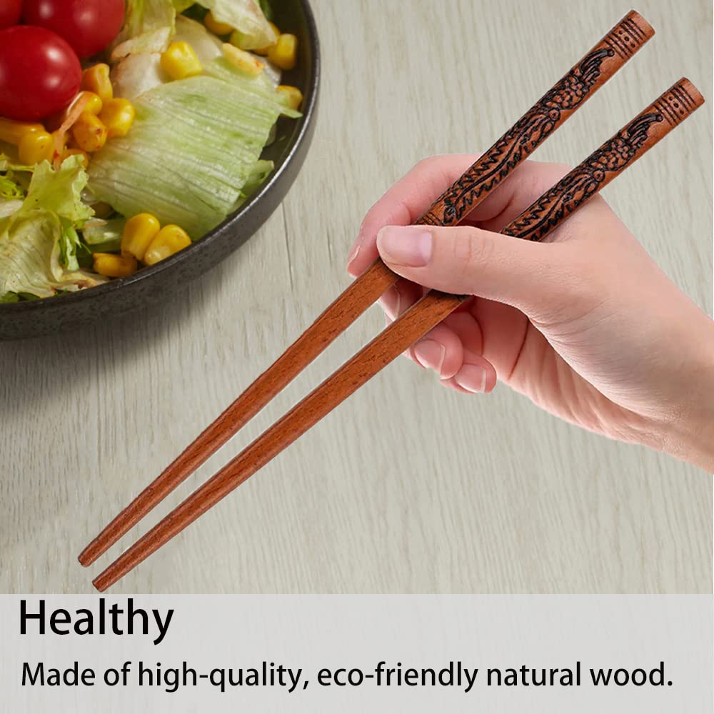 Chopsticks Reusable- Chinese Style Chopsticks, Dragon and Phoenix Chopsticks Set with Holder and Carrying Bag, Natural Wooden Chopstick Gift Set （2 Pairs)