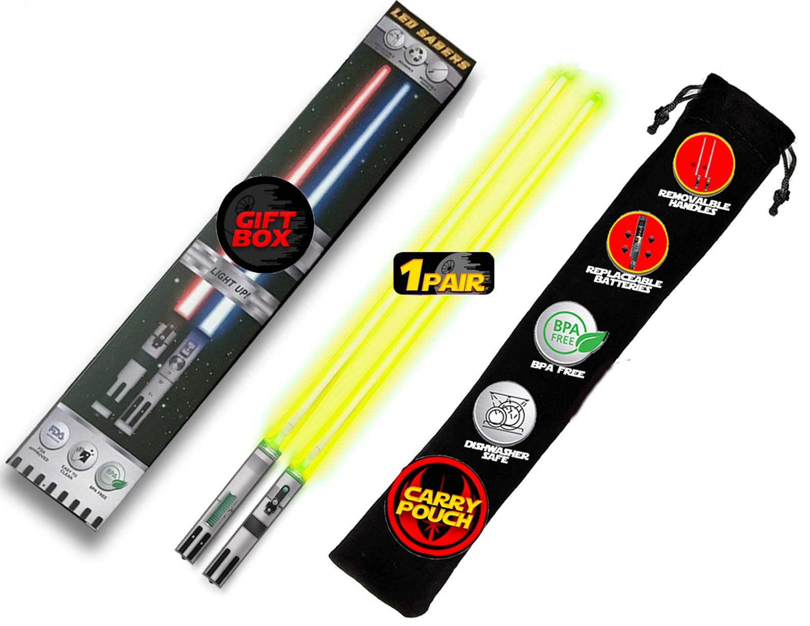 LIGHTSABER CHOPSTICKS LIGHT UP STAR WARS LED Glowing Light Saber Chop Sticks REUSABLE Sushi Lightup Sabers - Removable Handle Dishwasher Safe - Premium GIFT BOX & CARRY CASE Included - YELLOW 1 PAIR