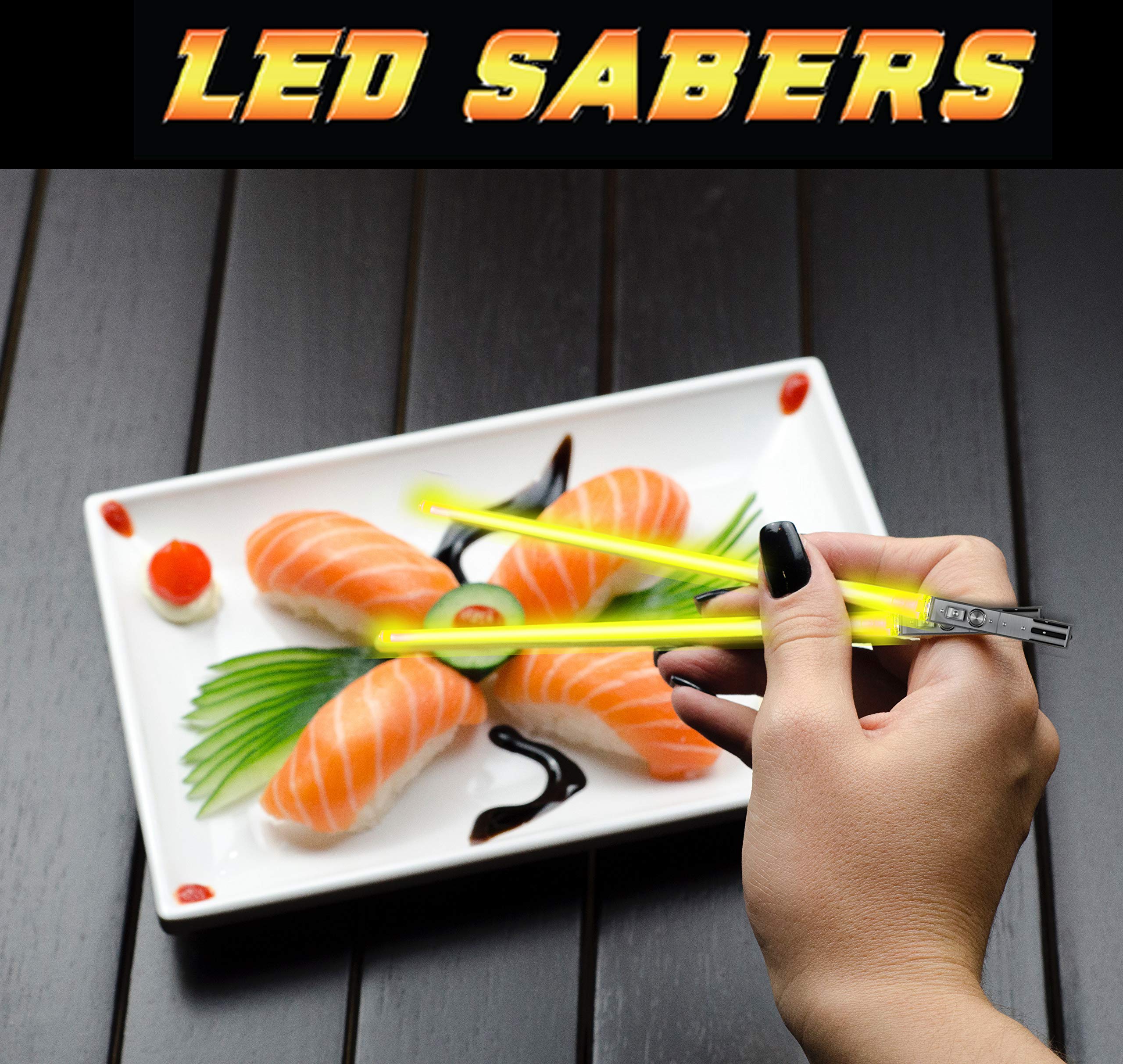 LIGHTSABER CHOPSTICKS LIGHT UP STAR WARS LED Glowing Light Saber Chop Sticks REUSABLE Sushi Lightup Sabers - Removable Handle Dishwasher Safe - Premium GIFT BOX & CARRY CASE Included - YELLOW 1 PAIR