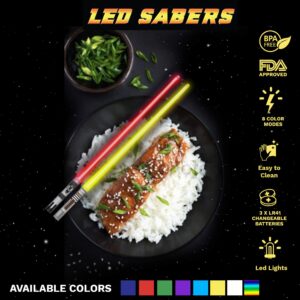 LIGHTSABER CHOPSTICKS LIGHT UP STAR WARS LED Glowing Light Saber Chop Sticks REUSABLE Sushi Lightup Sabers - Removable Handle Dishwasher Safe - Premium GIFT BOX & CARRY CASE Included - YELLOW 1 PAIR