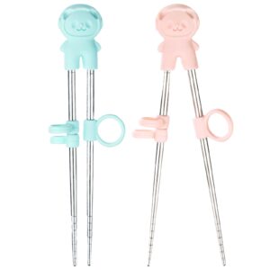 2 pairs training chopsticks with case learning chopstick helper stainless steel reusable metal beginner chopsticks pink and blue