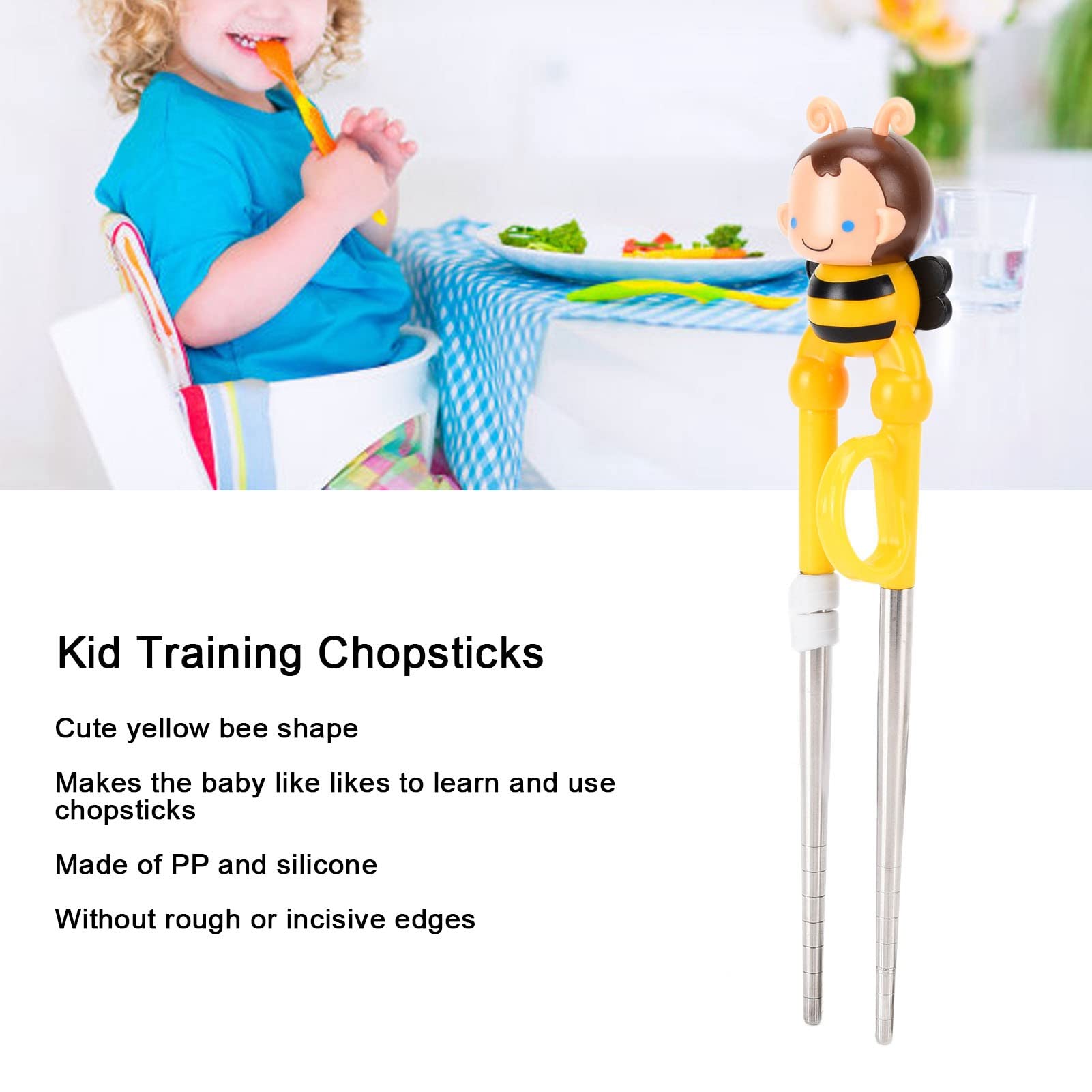 Children's Practice Chopsticks, Cute Yellow Bee Soft PP Silicone Training Chopsticks Dishwasher Safe Develop Fine Motor Skills for Right Hand Use(Bee-stainless steel yellow)