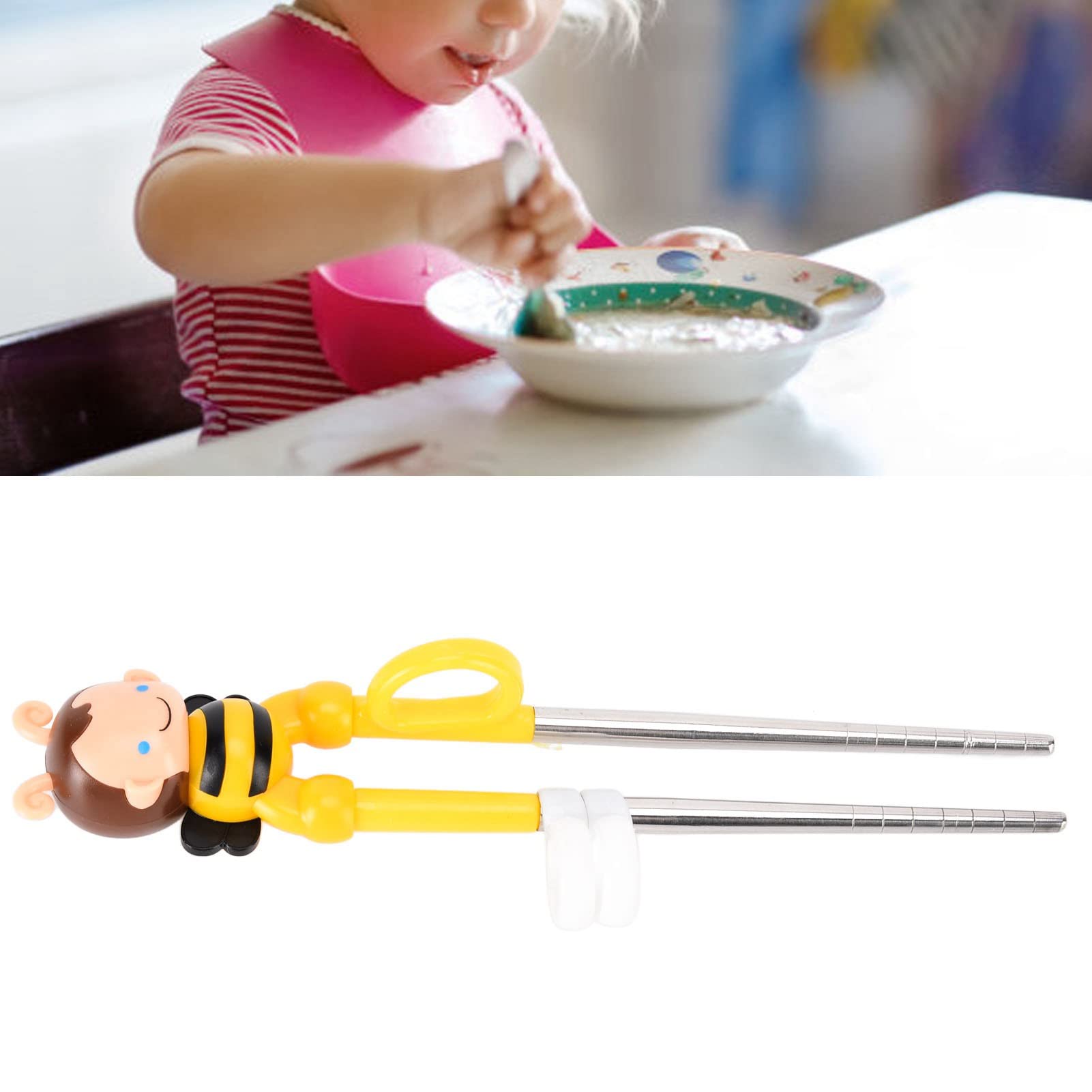 Children's Practice Chopsticks, Cute Yellow Bee Soft PP Silicone Training Chopsticks Dishwasher Safe Develop Fine Motor Skills for Right Hand Use(Bee-stainless steel yellow)
