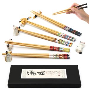 5 Pairs Chopsticks and Chopstick Rest Set, Cute Lucky Cat Chopsticks Holder 6 Cats, Chopsticks Holder Gift Set, Classic Japanese Style Bamboo Natural Reusable Chopsticks, Dishwasher - Safe