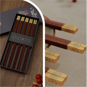 CHENWENTAO ''Fu'' chopsticks reusable gift solid wood suitable for making exquisite small gifts 5 pairs per box, reddish brown