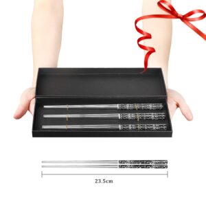 Stainless Steel Chopsticks Reusable Titanium Plated Metal Chopsticks Premium Japanese Gift Set Dishwasher Safe (3 Pairs)