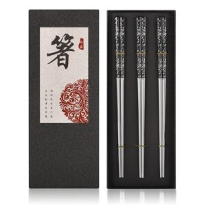 Stainless Steel Chopsticks Reusable Titanium Plated Metal Chopsticks Premium Japanese Gift Set Dishwasher Safe (3 Pairs)