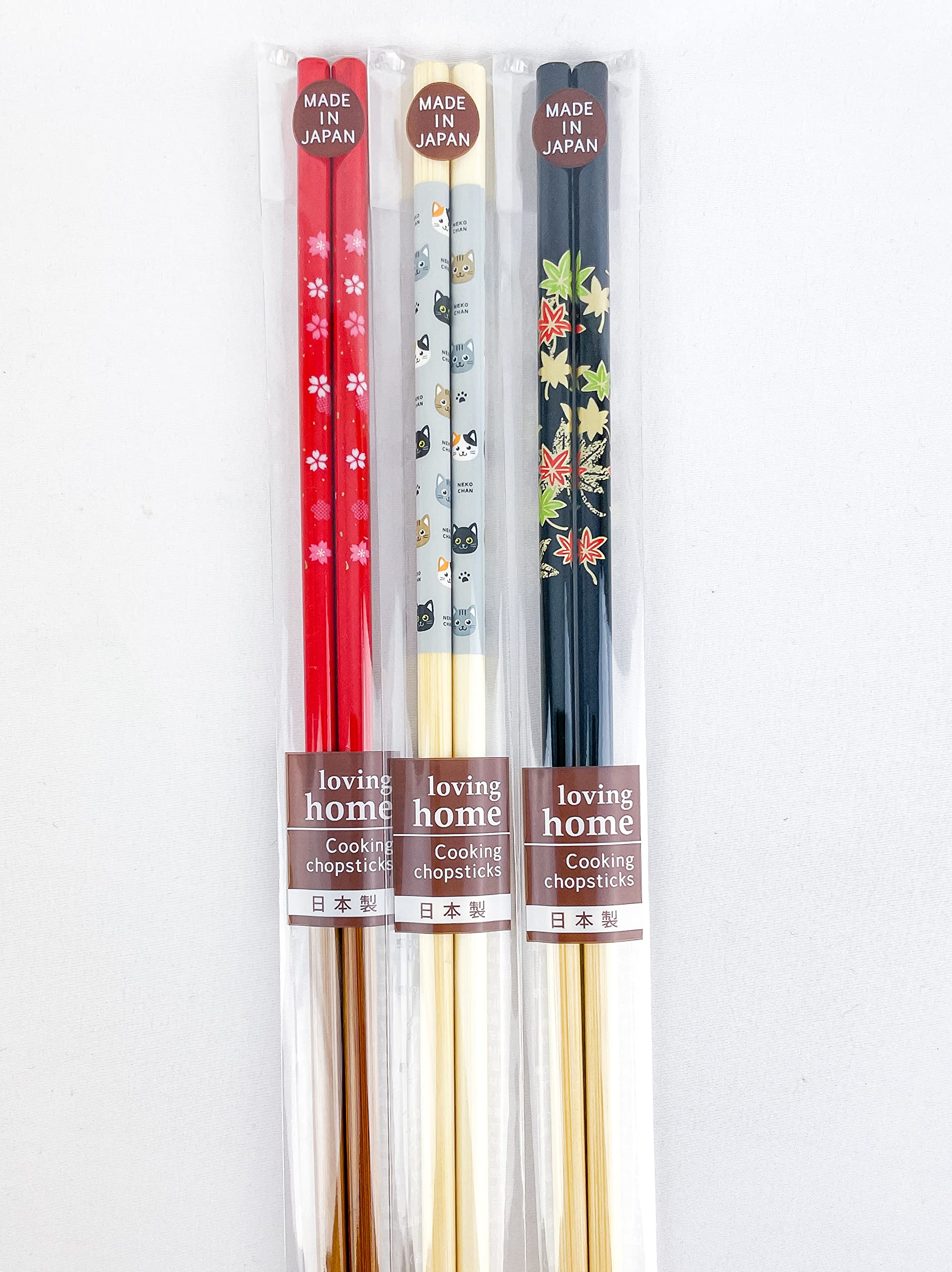 Set of 3 Assorted Cooking Chopsticks, Made in Japan, Natural Bamboo Saibashi, 13inches, Cute Shiba Inu Pattern, Traditional Japanese pattern, Simple Modern Pattern, Colorful Pattern