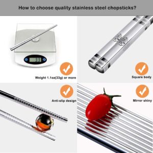 Chopsticks Reusable Metal Chopsticks 304 Stainless Steel Chopsticks Set Square Non-slip Dishwasher Safe Premium Quality Lightweight Reusable Chop Sticks Japanese Korean Laser Engraved 5 Pairs Gift Set