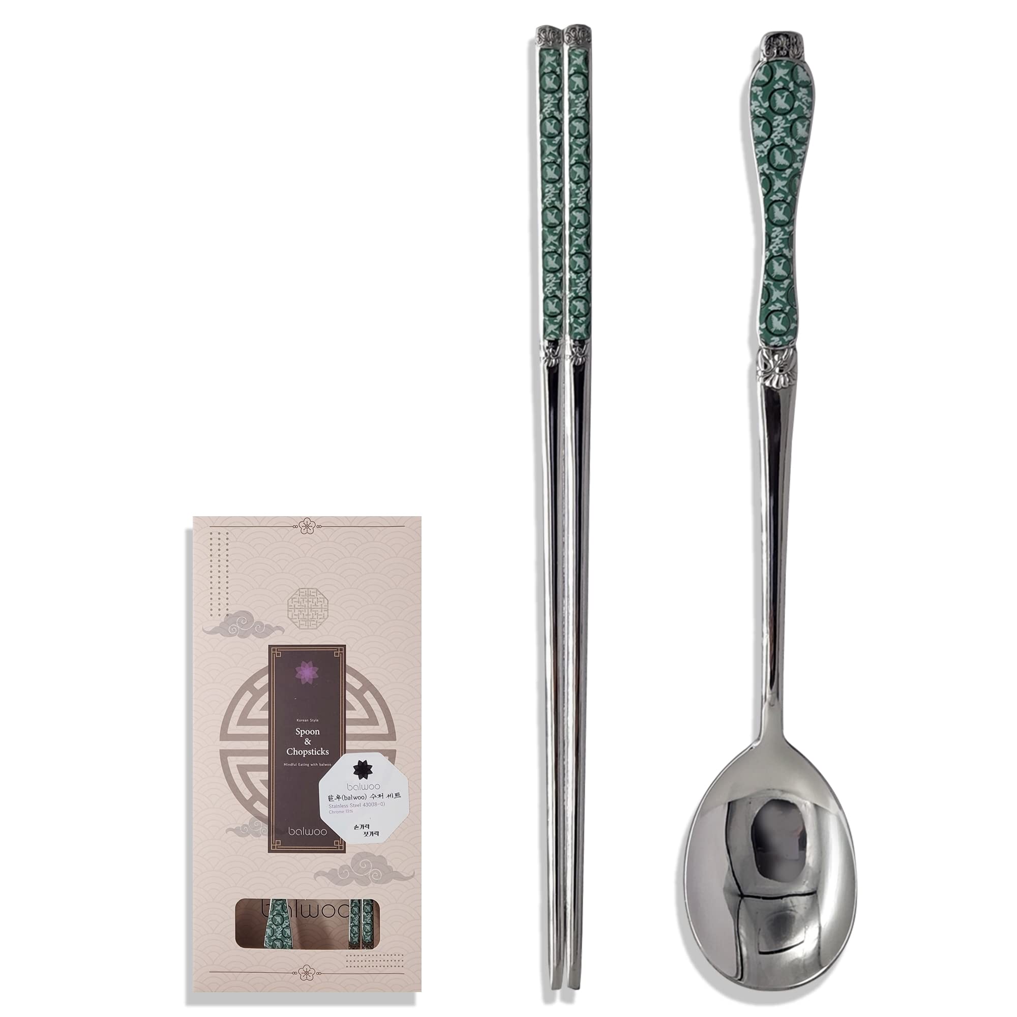 BALWOO [Made in Korea] Goryeo Celadon Design Korean Table Sticky Rice Spoon and Chopsticks 430 Stainless Steel Glossy Surface Mukbang Cutlery (Blue)