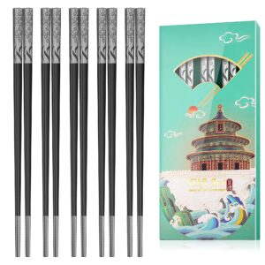 5 pairs black stainless steel 18/10 chopsticks reusable, metal non-slip chopsticks, korean japanese chinese chopsticks, gift set