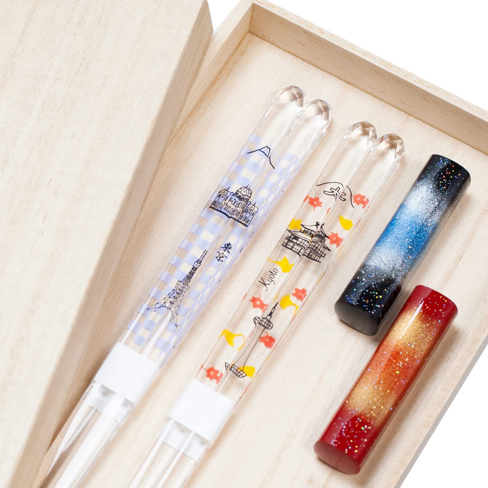 Aoba Japanese Wooden Chopsticks Reusable 2 Pairs in Gift Box Purple and Orange Dishwasher-safe (Tokyo and Kyoto) [ Made in Japan /Handcrafted ]
