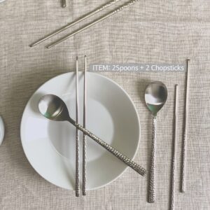 cozymomdeco Korean Made Silver Glossy Hammered Stainless Steel Korean Spoon & Chopstick SET (2SET)